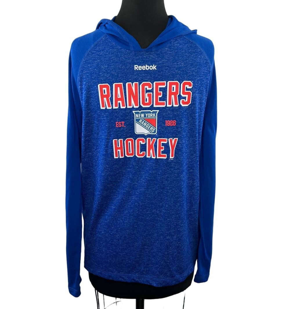 REEBOK Blue Long Sleeve New York Rangers Hockey Hooded Long Sleeve Top Size M
